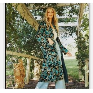 Chasing Unicorns Teal Black Floral Jacquard Long Coat